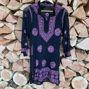 Boho Women's Medium Sheer Black Purple Embroidered Tunic Dress Cover Up Top 70’s